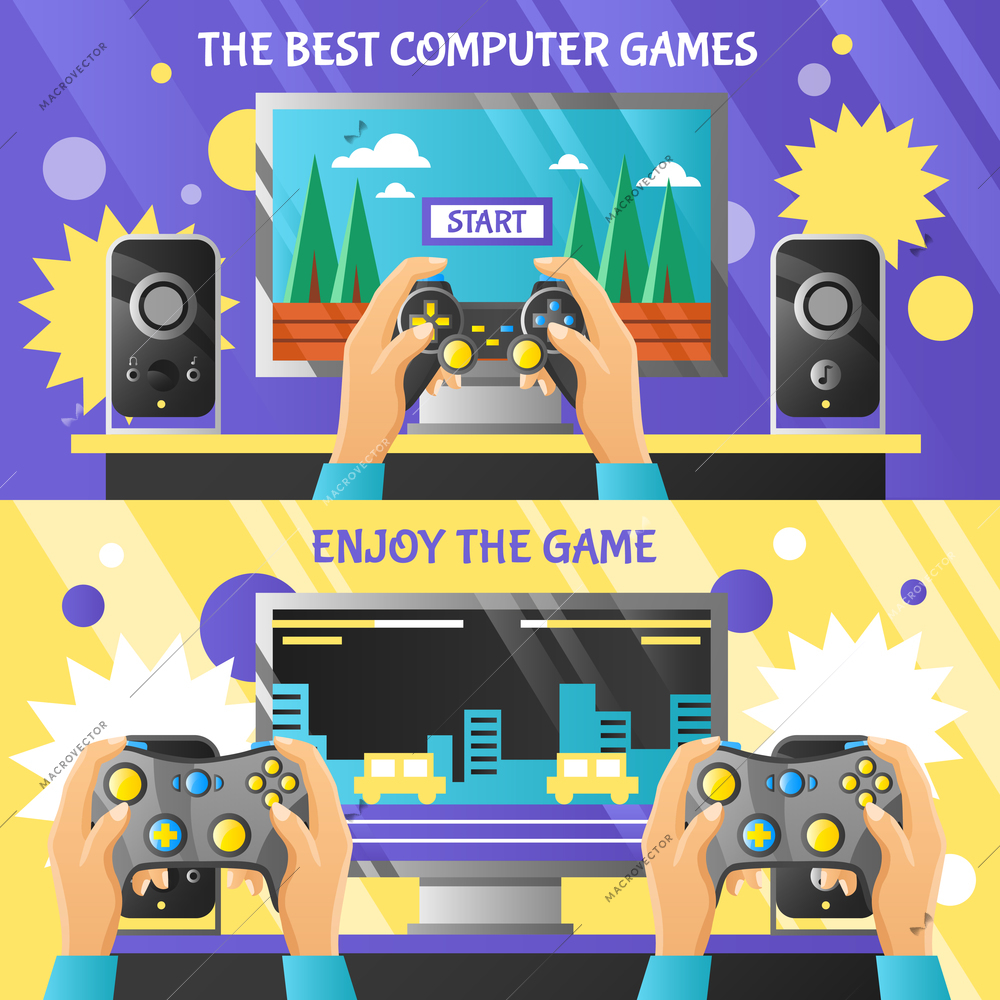 Game gadget horizontal banners with male hands holding gamepad and computer screen with simplified game level flat vector illustration