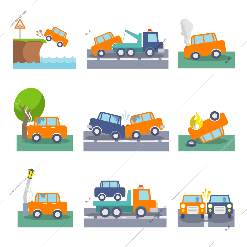 Colored car crash accidents and driving safety icons set isolated vector illustration