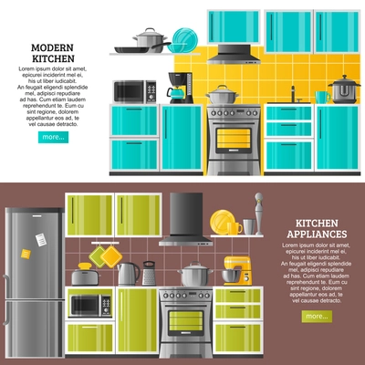 Kitchen interior horizontal banners in realistic style with modern equipment and appliances flat vector illustration