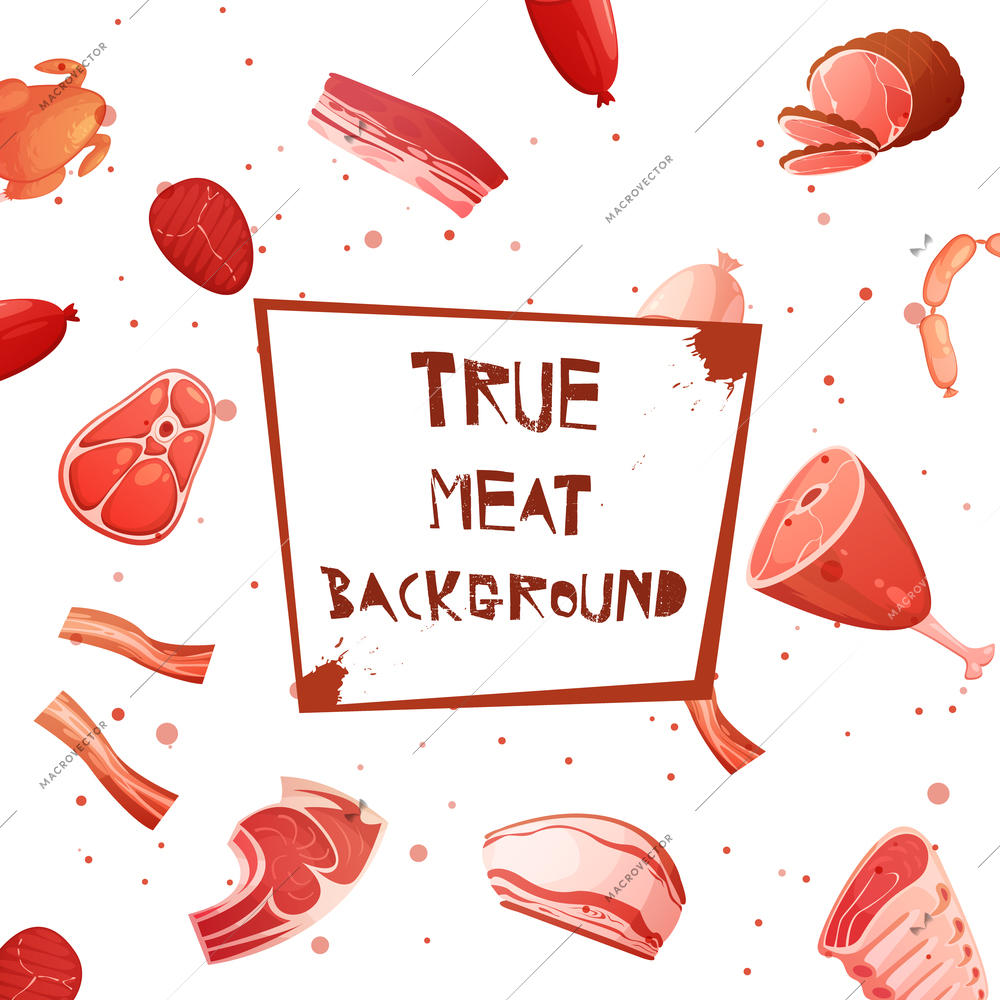 Cartoon meat set seamless pattern with inscription true meat background on plaque in center vector illustration