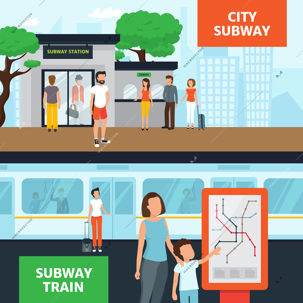 Subway horizontal banners with people near station entrance waiting for train and looking at map flat isolated vector illustration