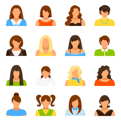 Woman avatar icons set with hairstyle and clothes flat isolated vector illustration