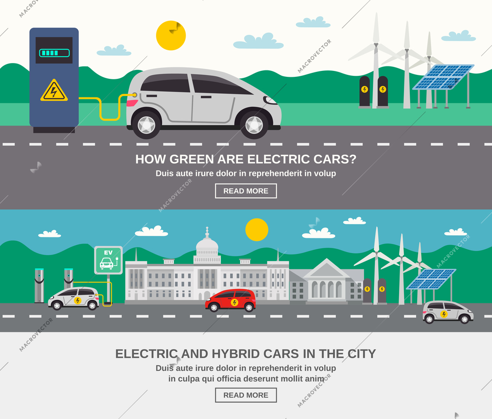 Electric and hybrid cars in city 2 flat banners webpage design on green energy information isolated vector illustration