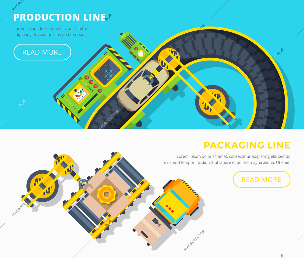 Top view horizontal banners of production line with car assembly and packing line with gears boxing vector illustration