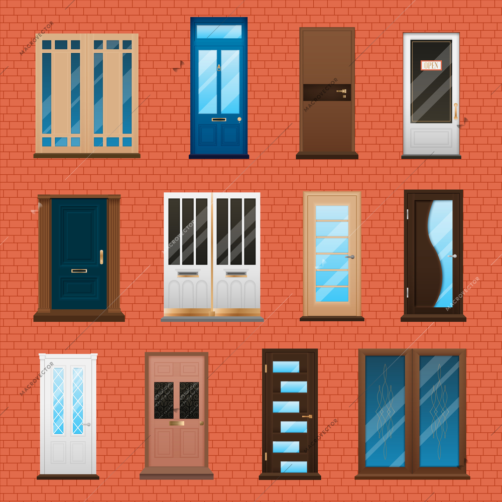Various type and material closed double and single house doors set on brick wall background flat isolated vector illustration