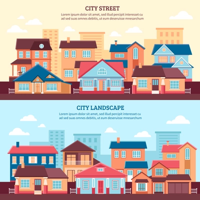 City landscape flat horizontal banners with one and two storey cottages and multi storey buildings flat vector illustration