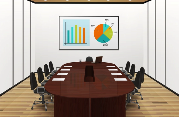 Conference room light interior realistic design with statistics on the screen vector illustration