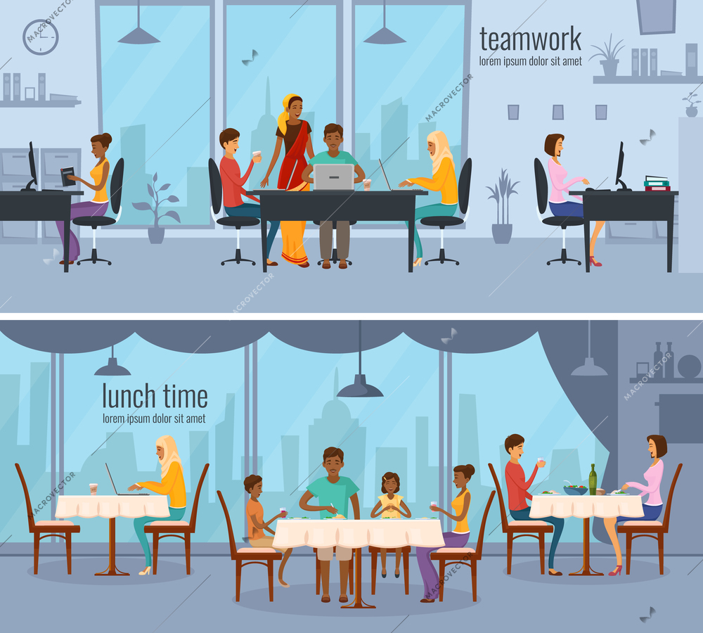 Two horizontal compositions with eastern people from different ethnic groups working in office and sitting in cafe flat vector illustration