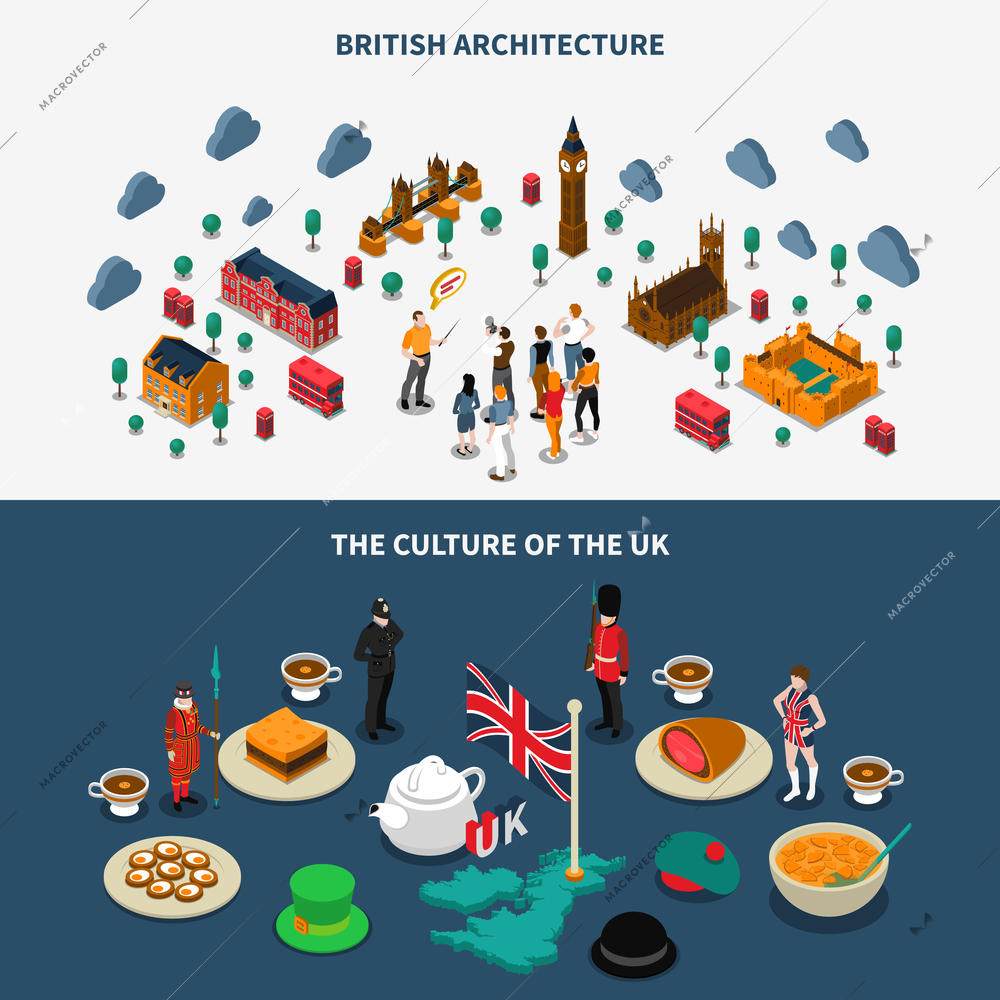 Touristic Great Britain isometric horizontal banners set with culture symbols isolated vector illustration