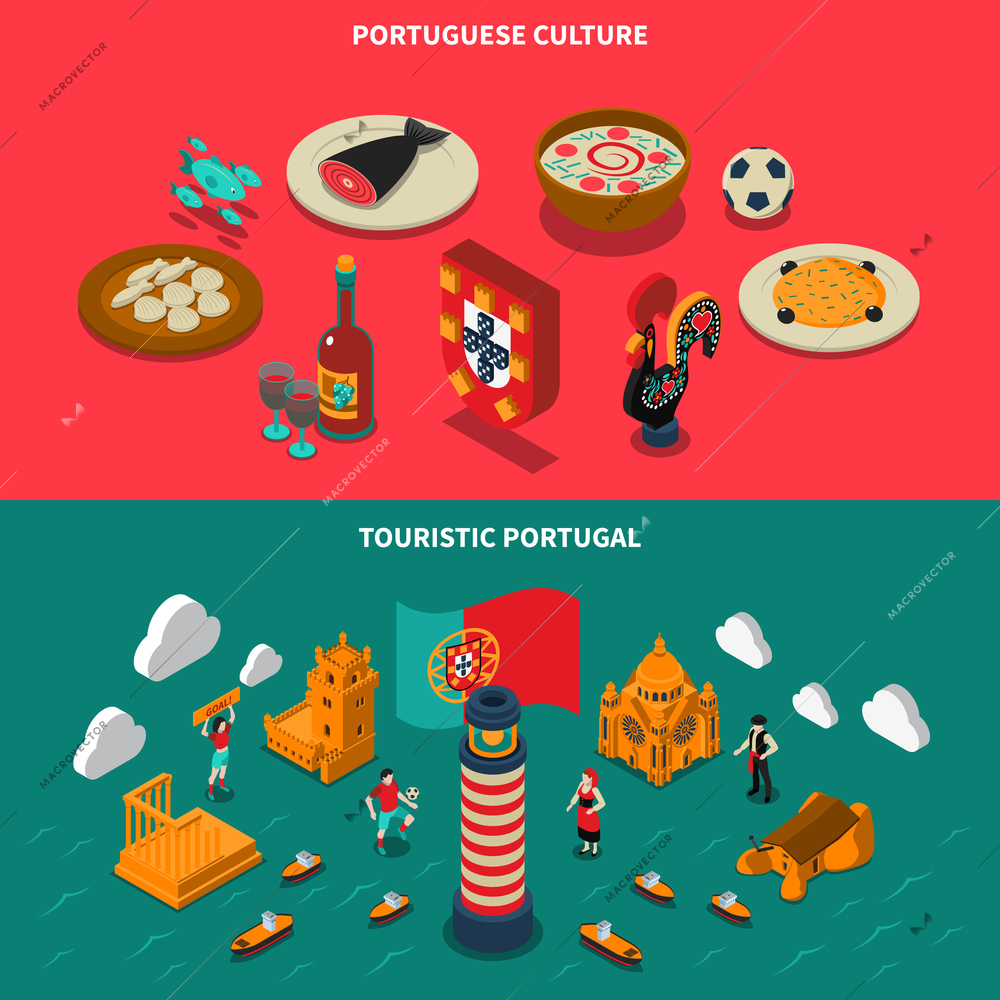 Portugal isometric horizontal banners set with architecture and culture symbols isolated vector illustration