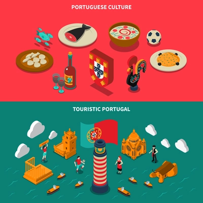 Portugal isometric horizontal banners set with architecture and culture symbols isolated vector illustration