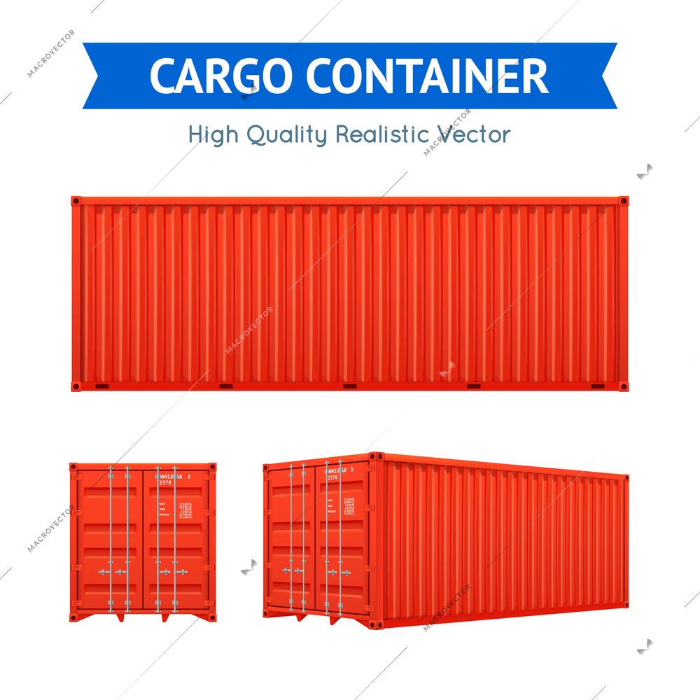 Red cargo freight container from side and isometric views set isolated on white background realistic vector illustration