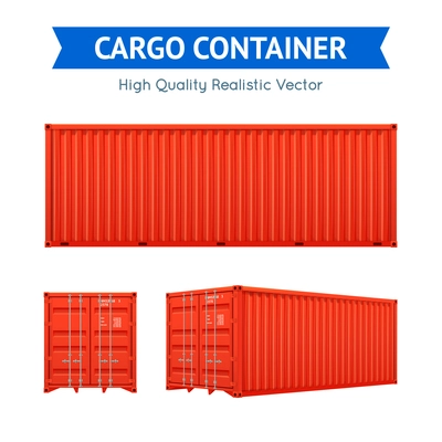 Red cargo freight container from side and isometric views set isolated on white background realistic vector illustration