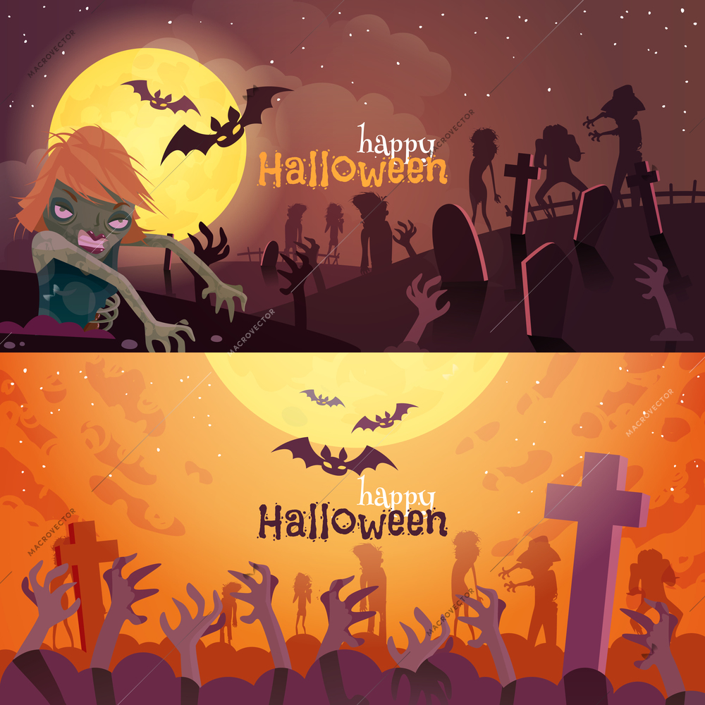 Halloween horizontal cartoon banners set with zombie isolated vector illustration