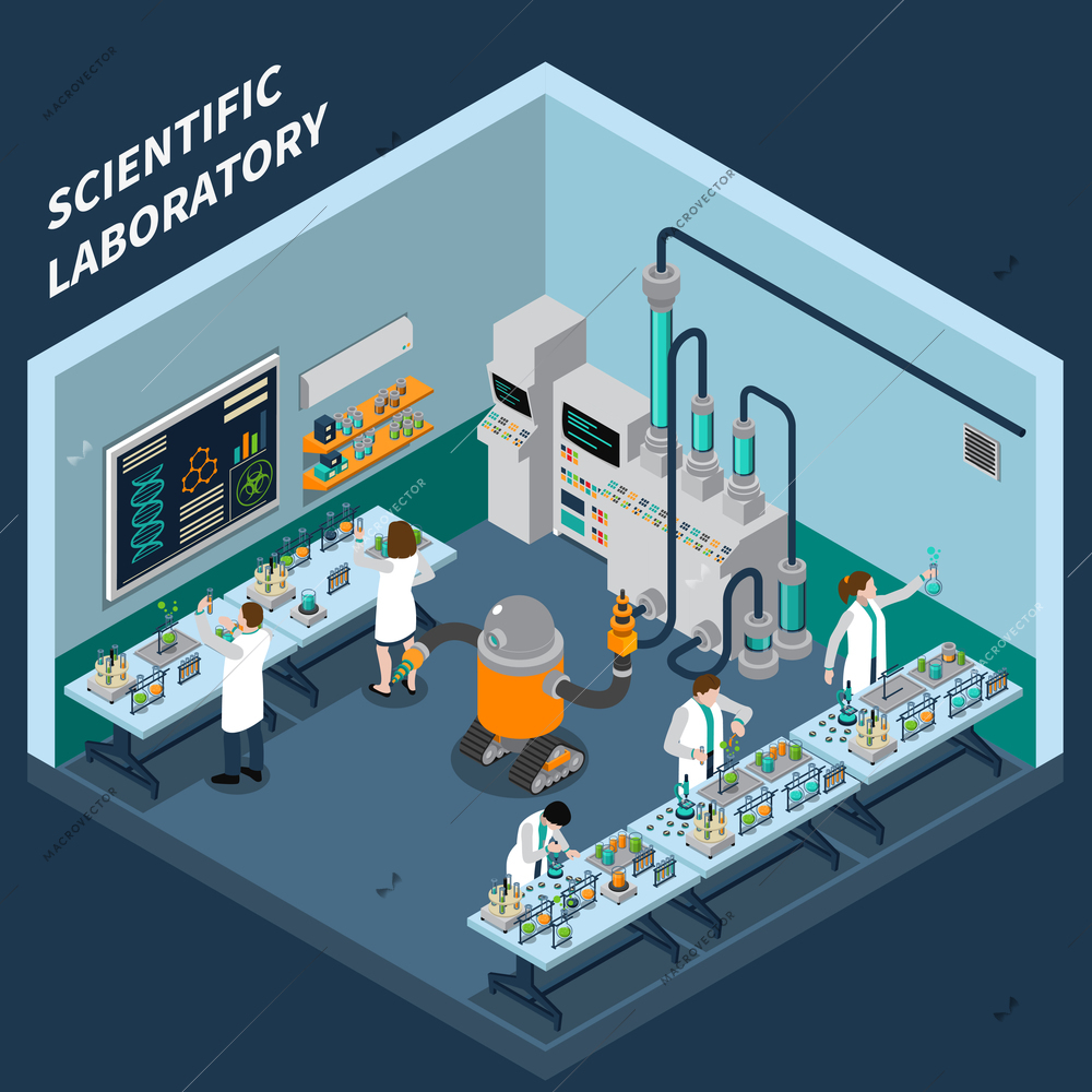 Science isometric concept with laboratory symbols on blue background vector illustration