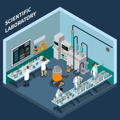 Science isometric concept with laboratory symbols on blue background vector illustration