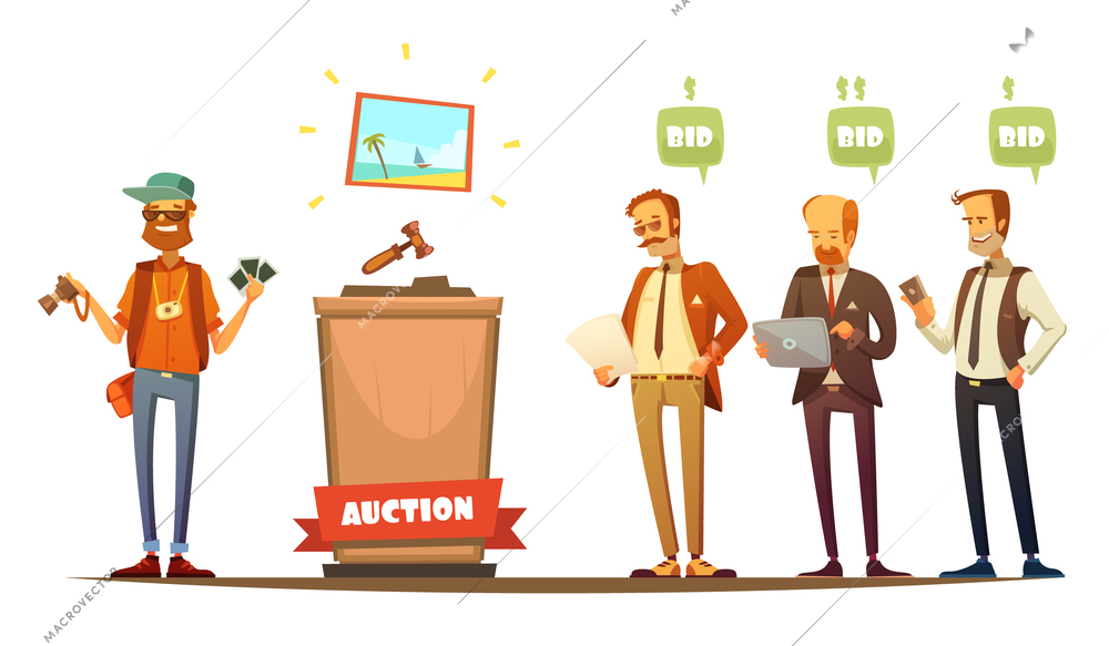 Traditional auction painting sale bidding participants with laptop tablet and cell phone retro cartoon people vector illustration