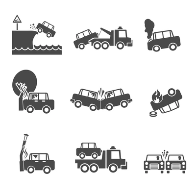 Black and white car accidents icons with tow truck street light  and tree crash isolated vector illustration