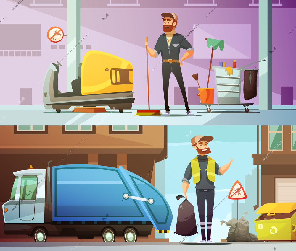 Professional cleaning and garbage collecting service at work 2 horizontal cartoon banners set abstract isolated vector illustration