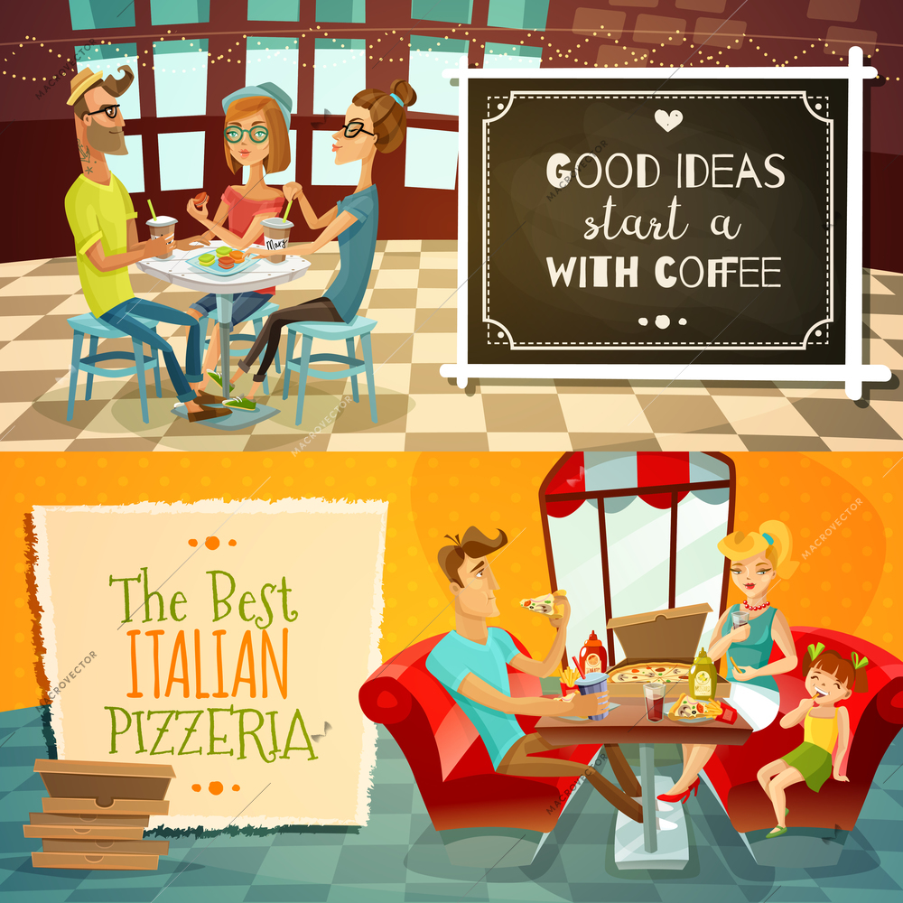 People in restaurant two horizontal banners with cafe visitors drinking coffee and family with kid in interior of pizzeria flat vector illustration