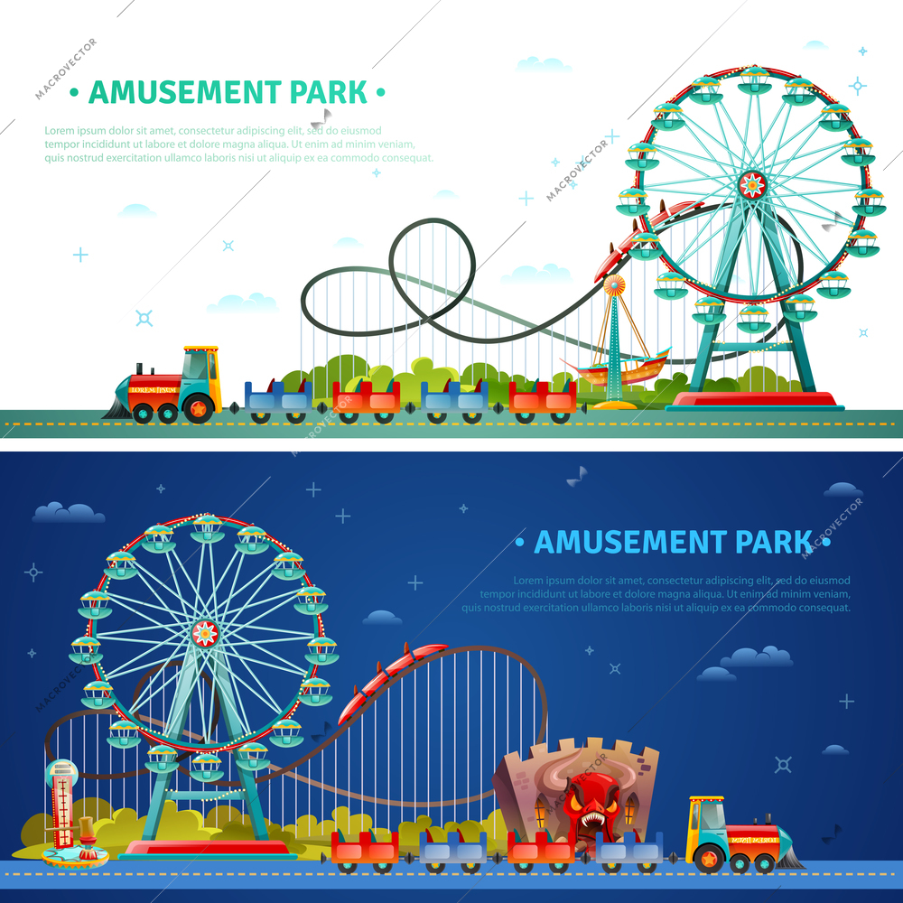 Amusement park horizontal flat banners with kids train ferris wheel roller coaster icons compositions vector illustration