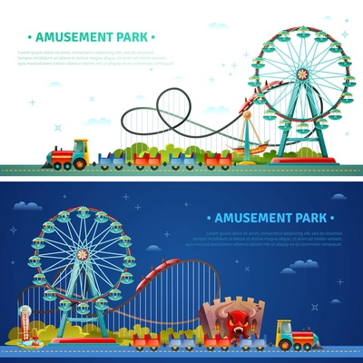 Amusement park horizontal flat banners with kids train ferris wheel roller coaster icons compositions vector illustration