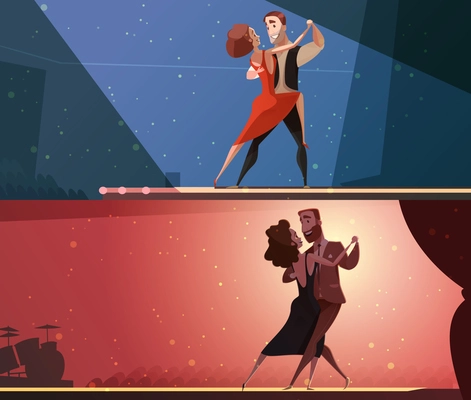 Retro dance studio 2 horizontal cartoon banners set with tango and salsa performing pairs isolated vector illustration