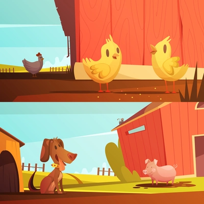 Farm animals for kids 2 horizontal cartoon style banners with  doghouse for guard dog isolated vector illustration