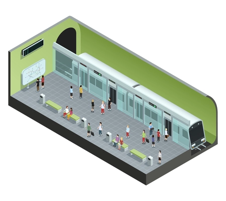 Color isometric concept depicting subway station with train and people vector illustration