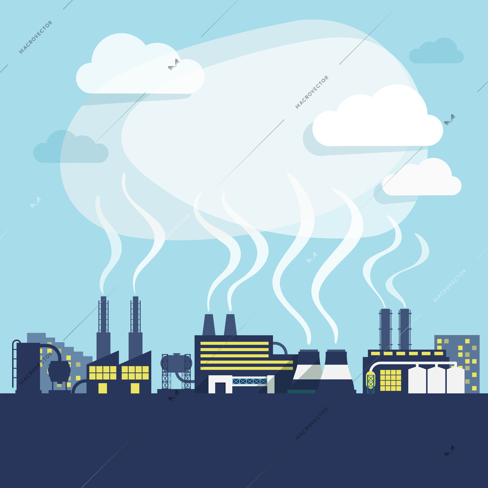 Industrial facilities of factory or manufacturing plant with pollution smoke background print vector illustration