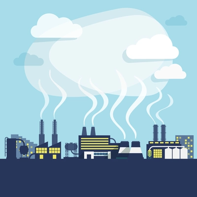 Industrial facilities of factory or manufacturing plant with pollution smoke background print vector illustration