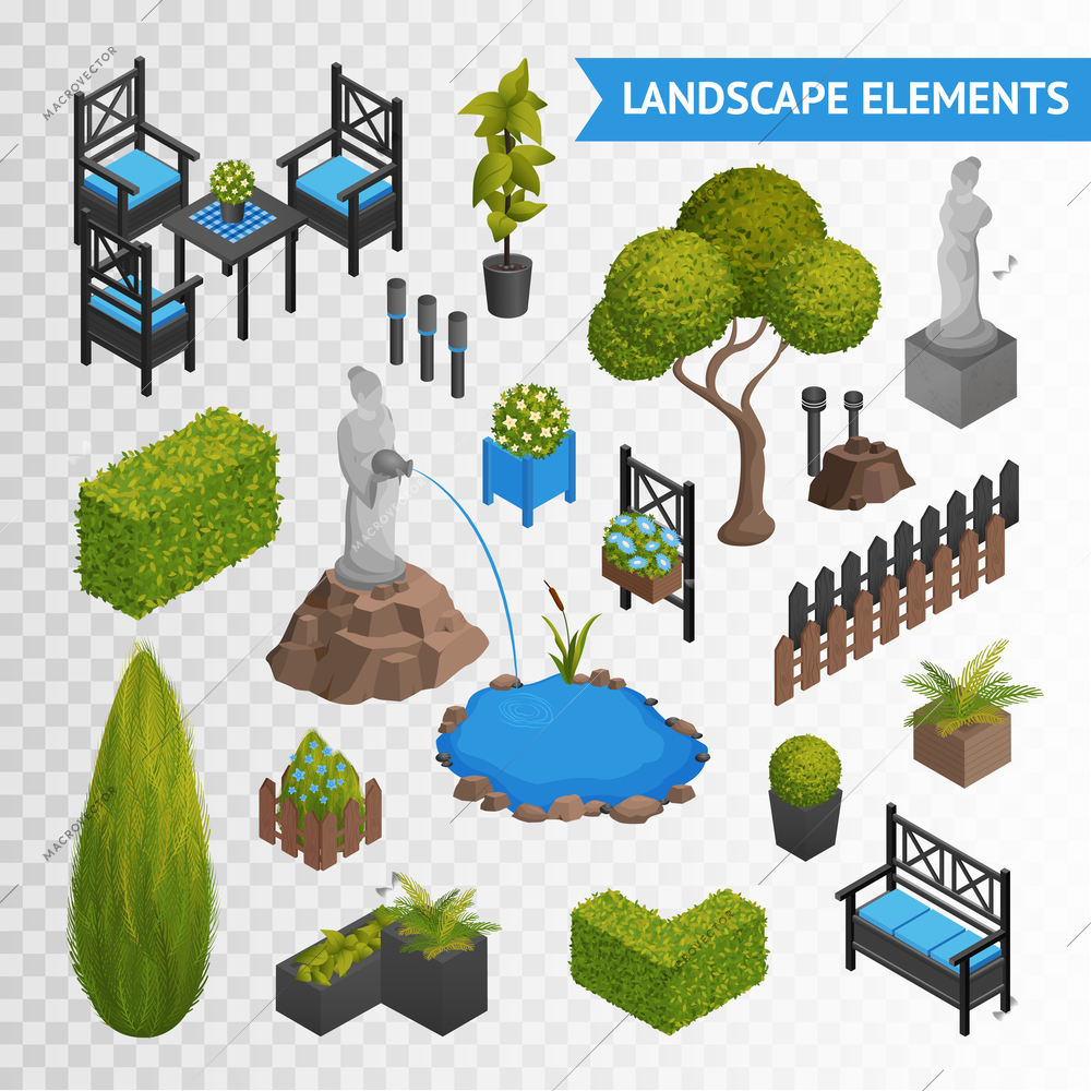 Various garden park landscape isometric elements set with plants flowers furniture and statues isolated on transparent background vector illustration