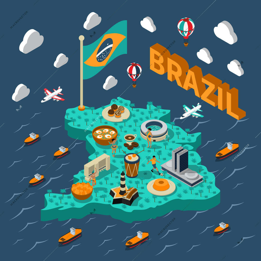 Brazil isometric map with touristic sights and transport on blue background vector illustration