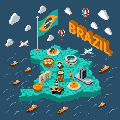 Brazil isometric map with touristic sights and transport on blue background vector illustration