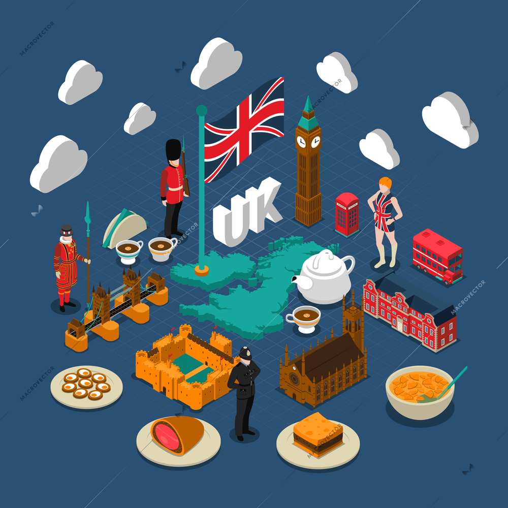 Great Britain concept composition with culture and travel symbols isometric isolated vector illustration