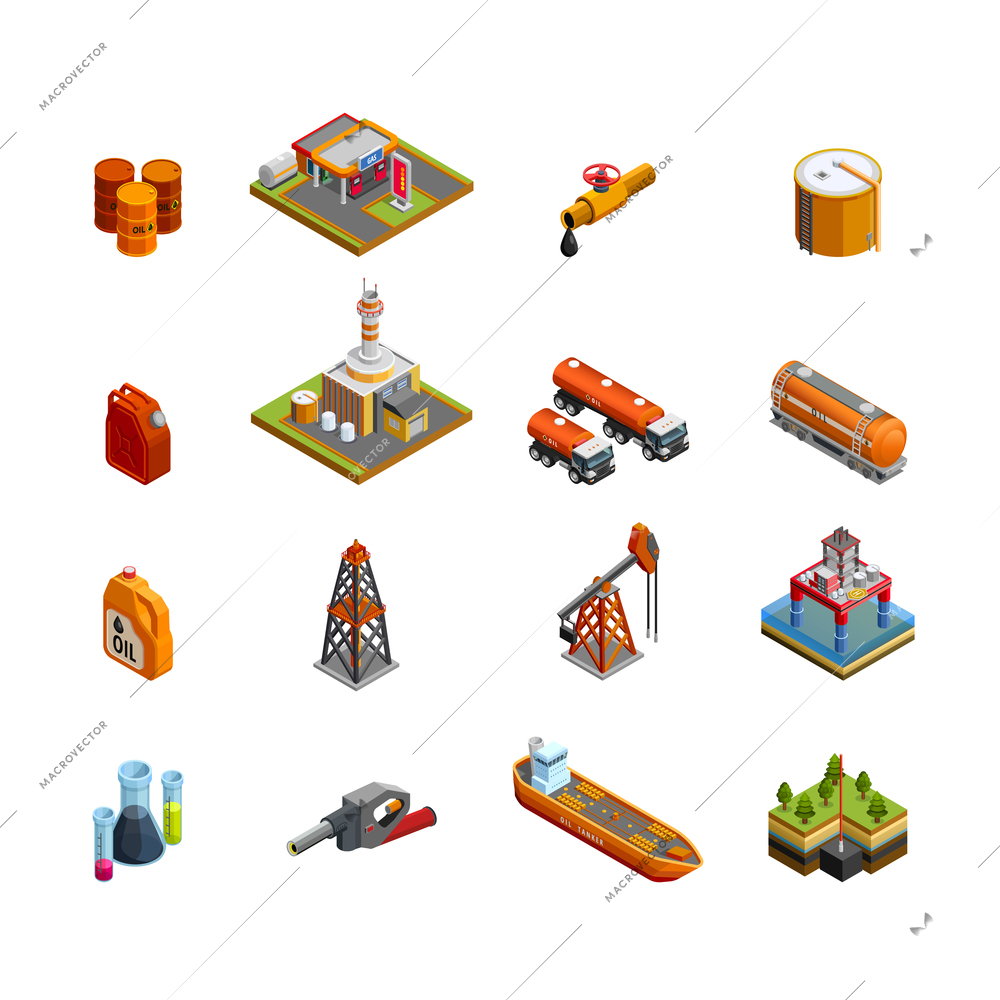 Oil gas industry isometric icons set with offshore platform drilling rig and tanker vessel isolated vector illustration