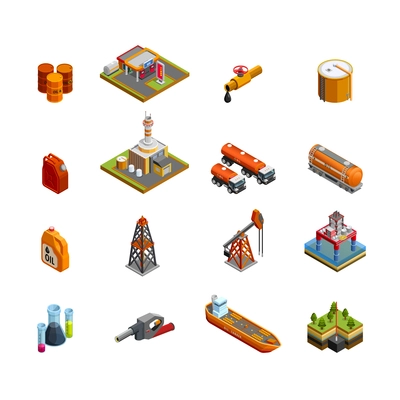 Oil gas industry isometric icons set with offshore platform drilling rig and tanker vessel isolated vector illustration