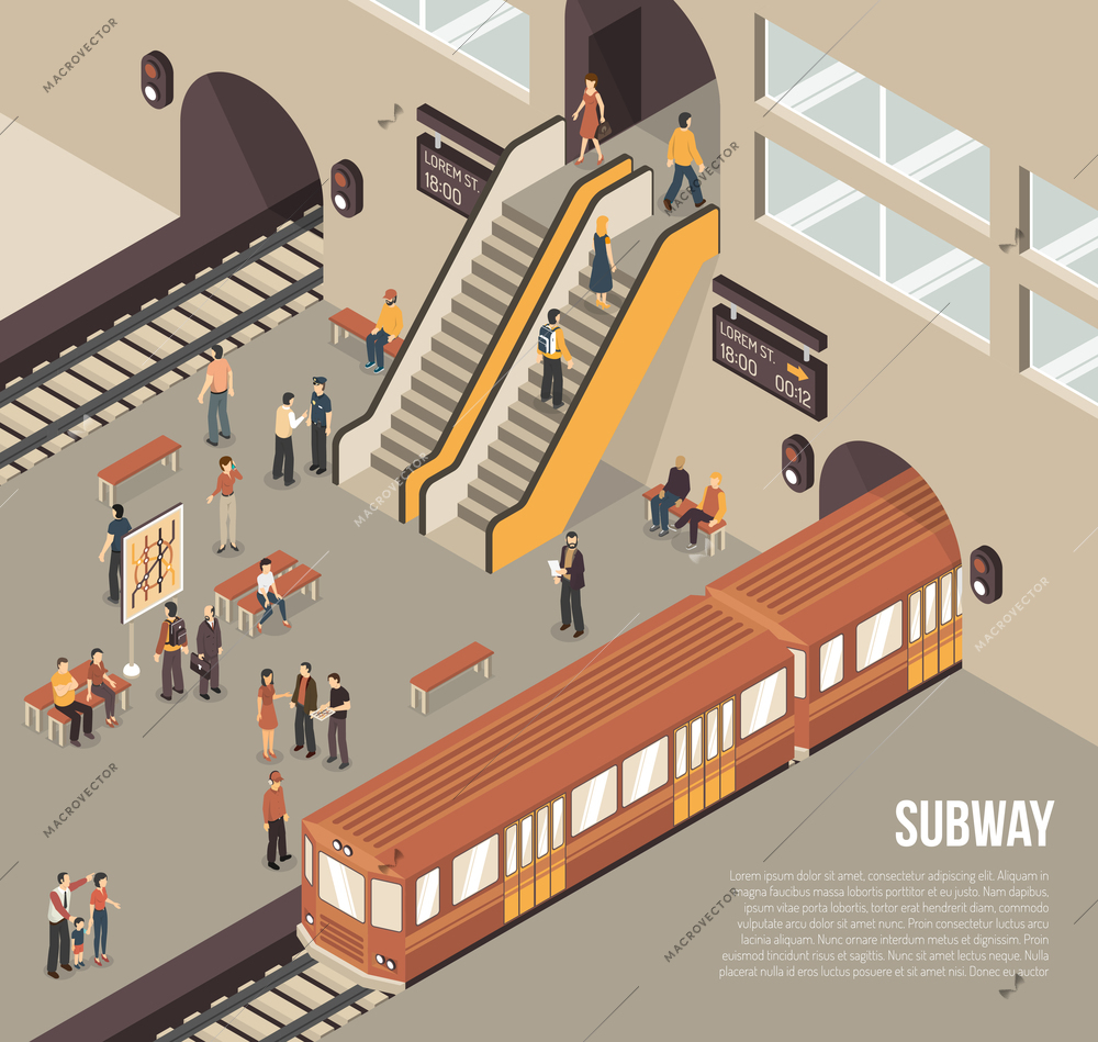 Subway railway rapid transit system underground station isometric poster with passengers on platform and train vector illustration