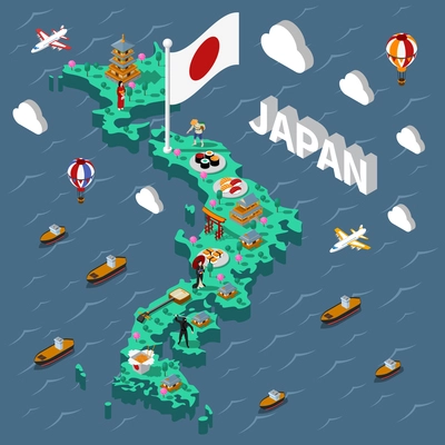 Japan touristic isometric map with various cultural elements on sea background vector illustration