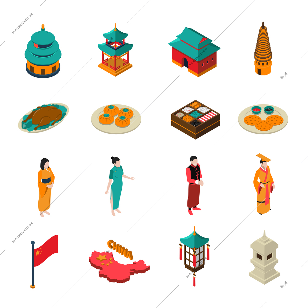 China isometric touristic set with traditional architecture symbols cuisine and people wearing national costumes isolated on white background vector illusration