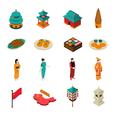 China isometric touristic set with traditional architecture symbols cuisine and people wearing national costumes isolated on white background vector illusration