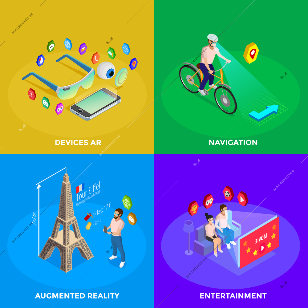 Augmented reality devices for family entertainment and navigation experience 4 isometric icons square poster isolated vector illustration