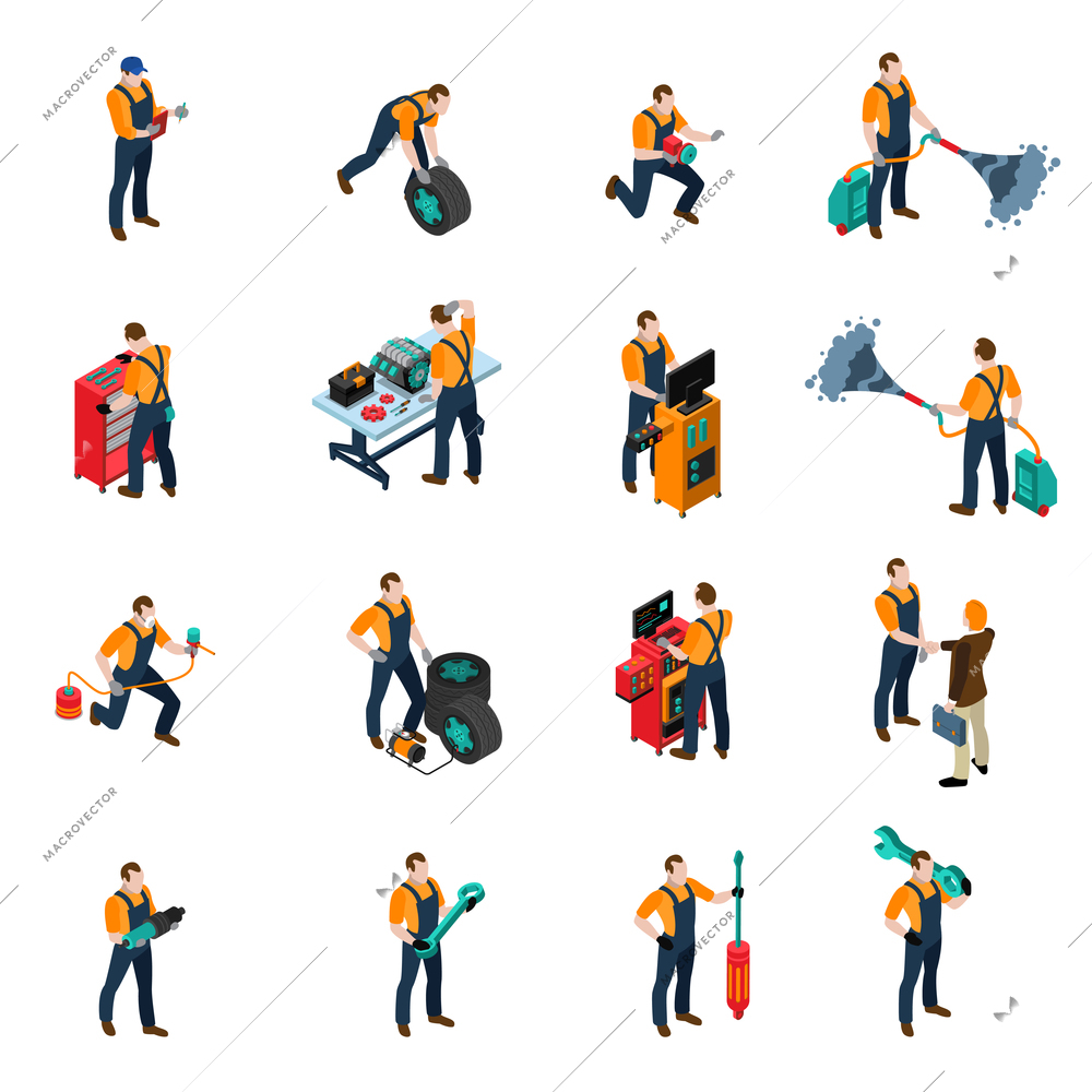 Car service isometric icons set with people and equipment symbols isolated vector illustration