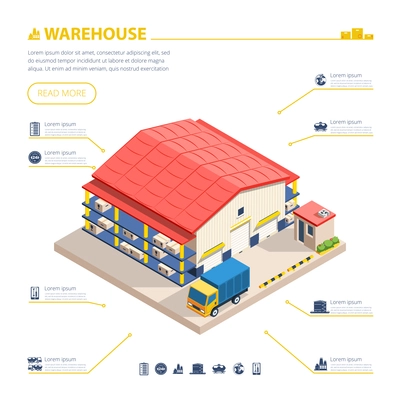 Warehouse building design with truck boxes and gates isometric vector illustration