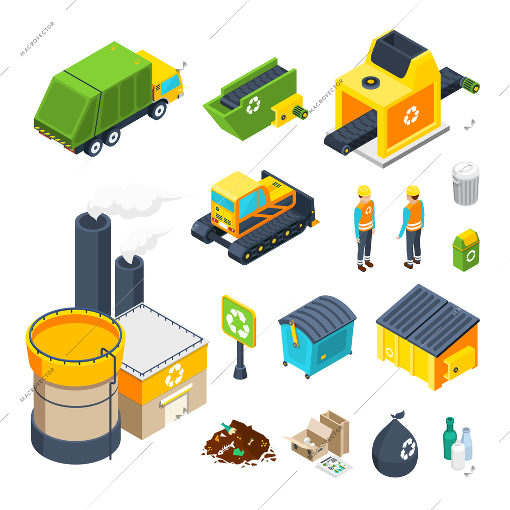 Isometric icon set of different elements of garbage collecting sorting and recycling system isolated vector illustration