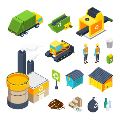 Isometric icon set of different elements of garbage collecting sorting and recycling system isolated vector illustration