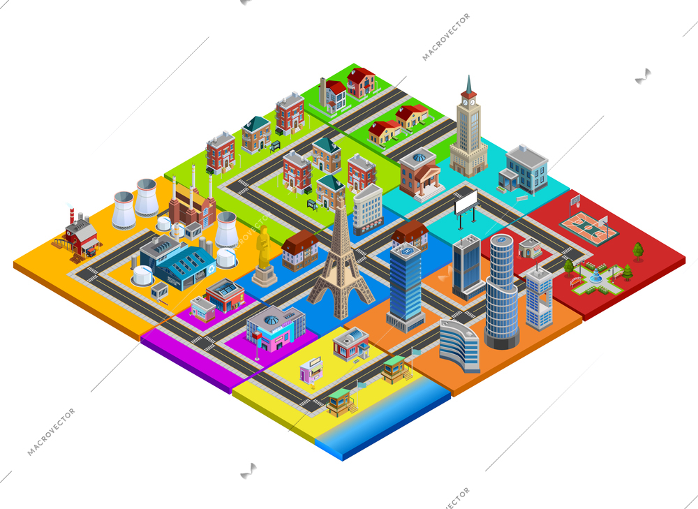 City map isometric construction from colorful blocks of residential industrial commercial business areas and landmarks vector illustration