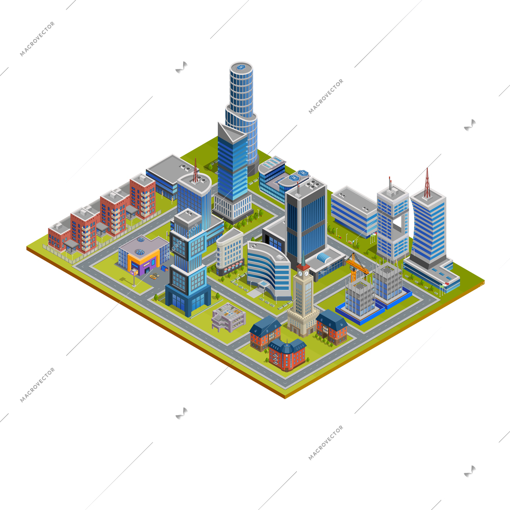 Isometric cityscape with skyscrapers historic and modern buildings and stores on white background vector illustration