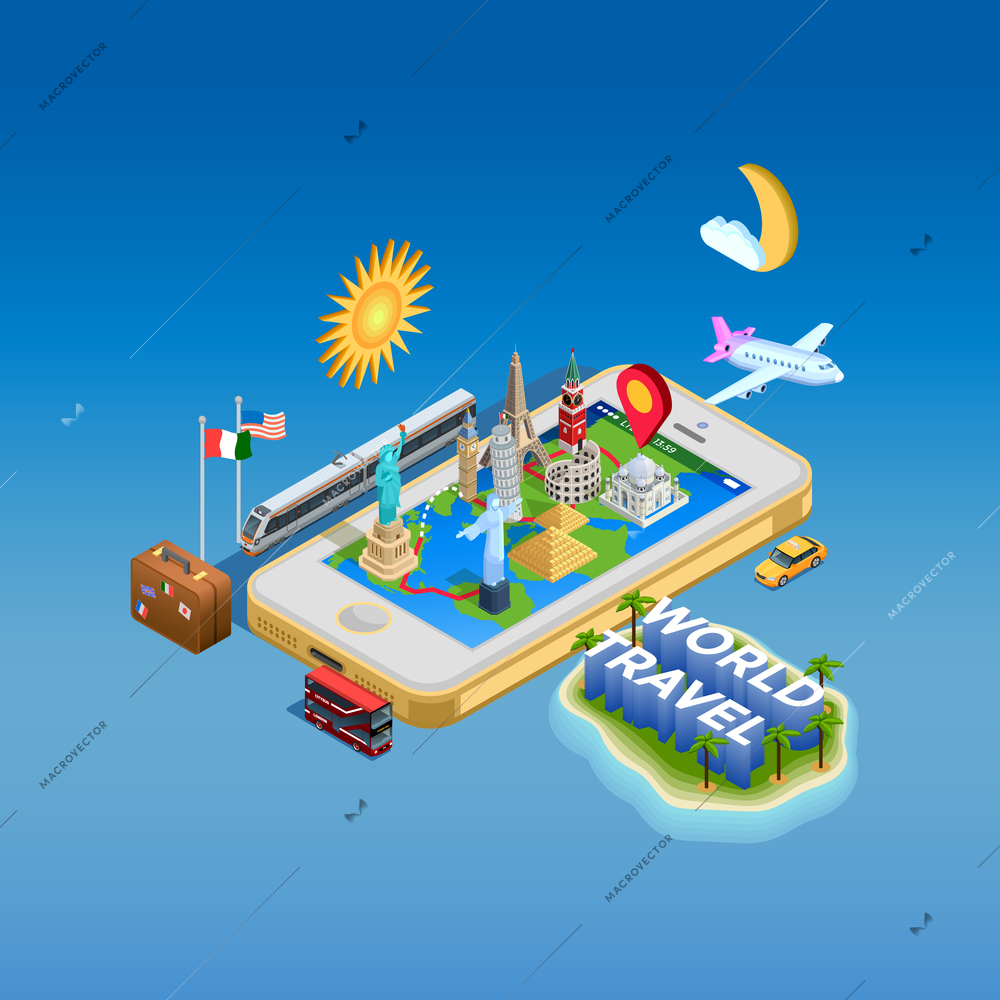 Isometric poster of map on smartphone screen with landmark monuments on it and different transports around vector illustration