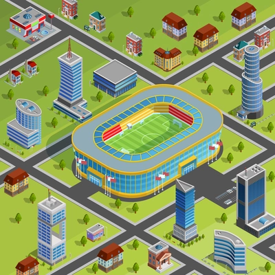 Modern sport complex stadium facility for games championships competitions in city center environment isometric poster vector illustration